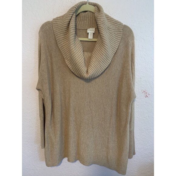 Chico's Sweater Cowl Neck Side Slits Tunic Tan/Oatmeal Long Dolman Sleeve Size 2 - Picture 1 of 7